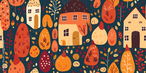 Scandinavian folk art, wallpaper, traditional patterns, village in autumn