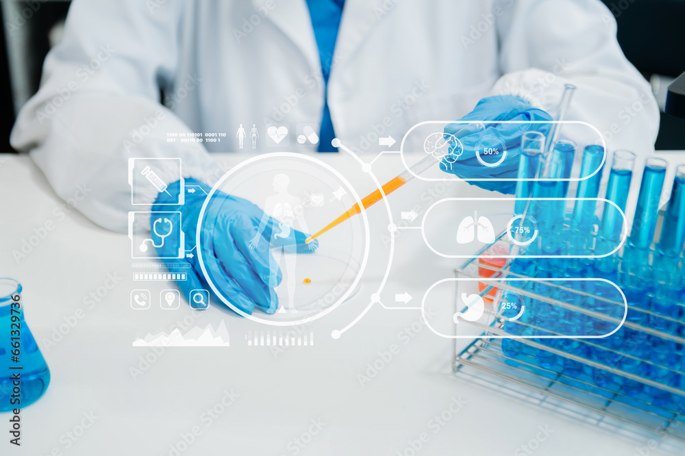 Fototapeta premium DNA molecule testing concepts. The doctor in a mask examines DNA molecules on the chemical laboratory with virtual icon