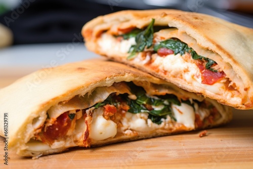 calzone folded pizza cut in half, revealing its filling photo