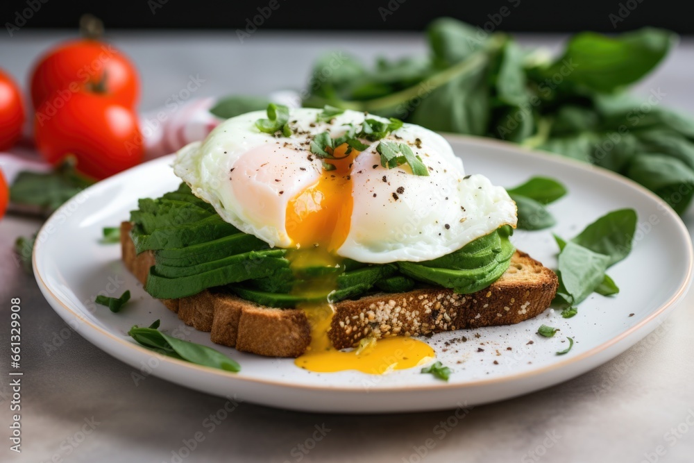 avocado toast topped with poached eggs and fresh basil avocado toast topped with poached eggs and fresh basil