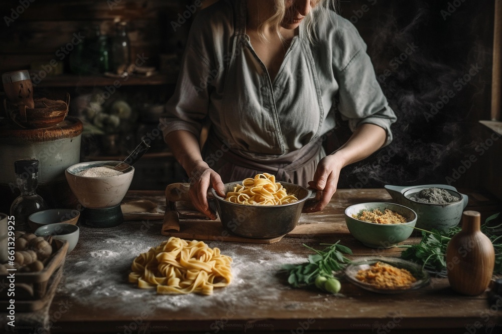 A woman is hand-making pasta in the kitchen. Created with Generative AI technology.