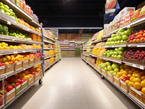 Supermarket, Grocery store aisle, with a shopping cart, fresh produce and packaged goods on display, fresh fruits, vegetables
