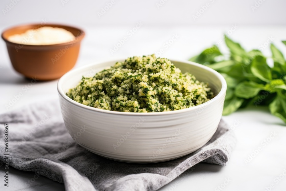 bowl of quinoa and finely chopped greens on a marble surface bowl of quinoa and finely chopped greens on a marble surface