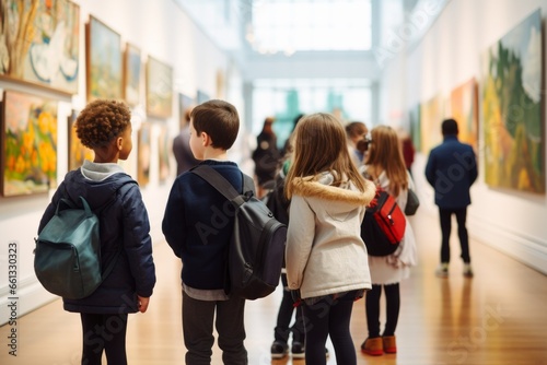 Schoolchildren at the art gallery, enjoying exhibition photo