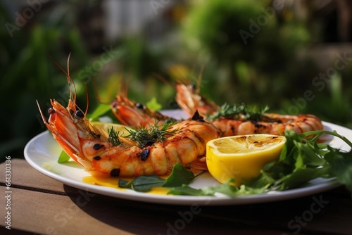 Close up of plate with grilled shrimps outdoors, created with Generative AI technology.