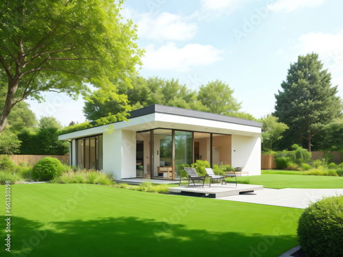 Modern house with garden in front on a sunny day, with green lawn and trees, minimalist house design, 3d house exterior © usman