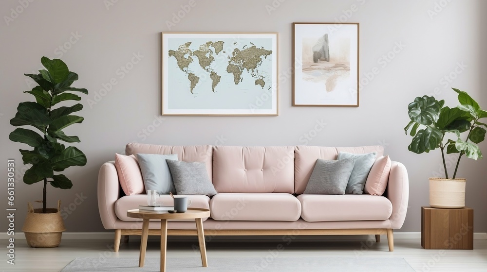 Fototapeta premium Stylish Scandinavian living room with mint sofa, map