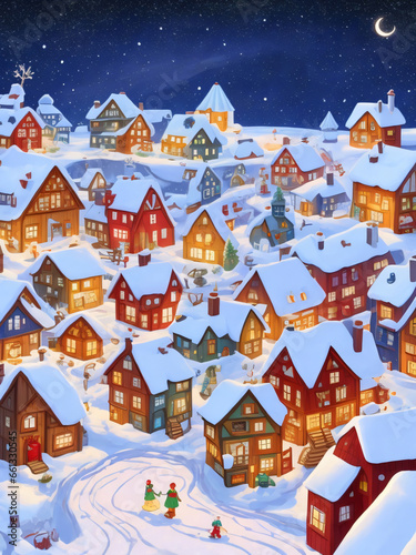 A village in winter with colorful houses and falling snow, Christmas celebrations, whimsical style, magical mood, starry lighting, vector, white background. © usman