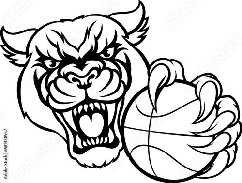 A panther cougar or jaguar cat animal sports mascot holding basketball ball