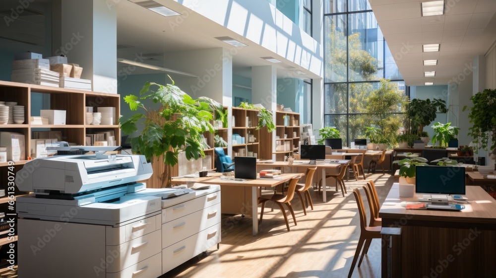 Fototapeta premium A photocopying area of a bright, spacious, modern office