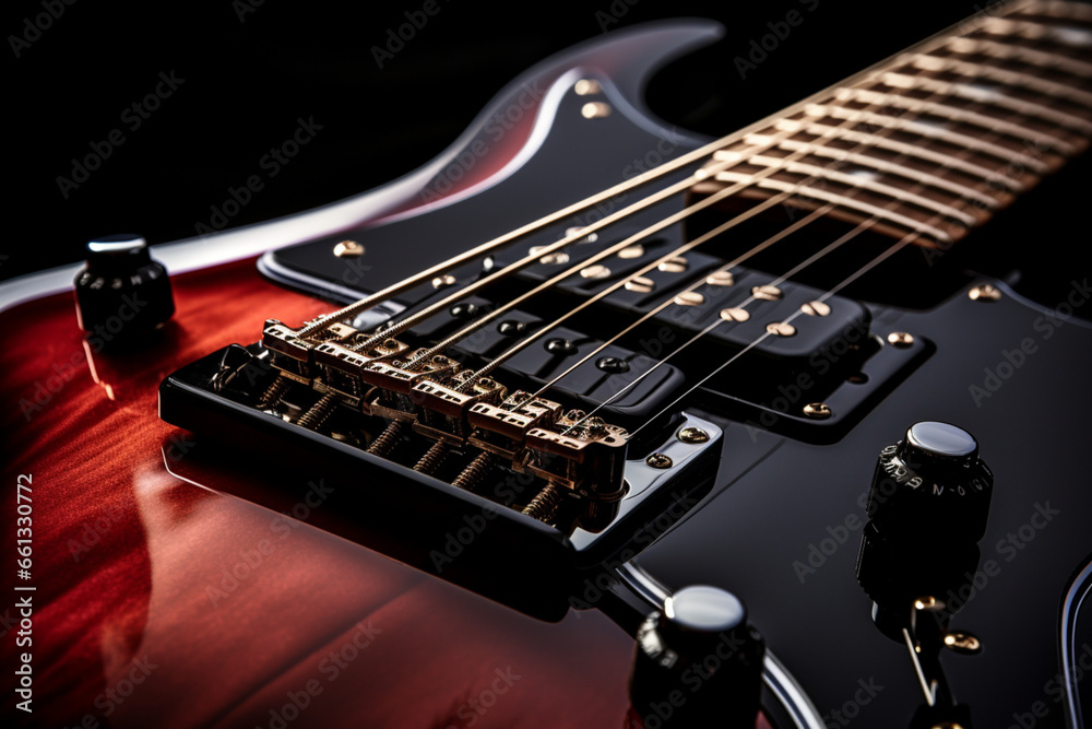 Close up of Electric guitar body and neck detail on black background Close up of Electric guitar body and neck detail on black background