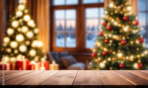 Empty woooden table top with abstract warm living room decor with christmas tree string light blur background with snow,Holiday backdrop,Mock up banner for display of advertise, Generative AI