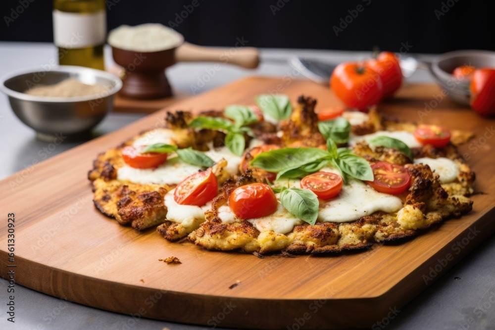 roasted cauliflower pizza on a wooden board