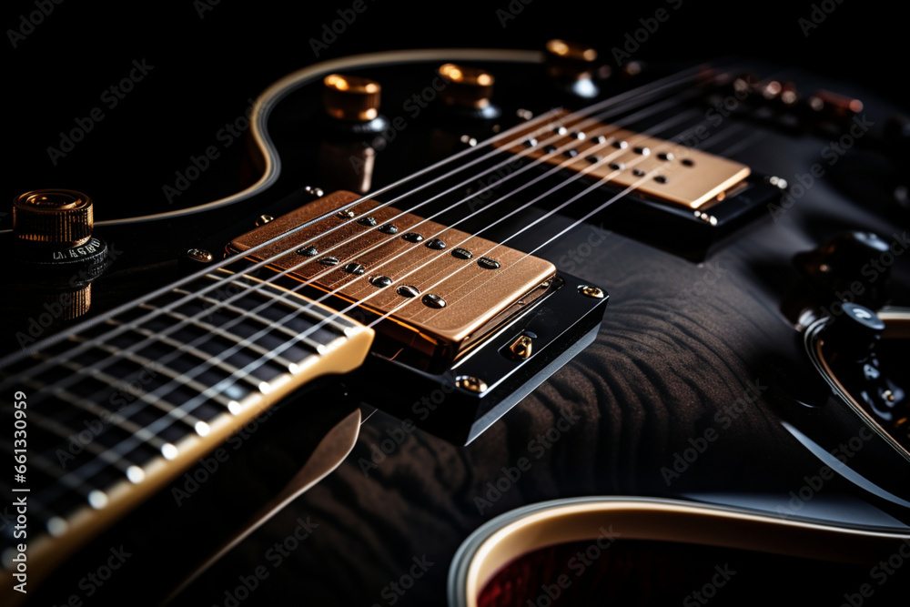 Close up of Electric guitar body and neck detail on black background Close up of Electric guitar body and neck detail on black background