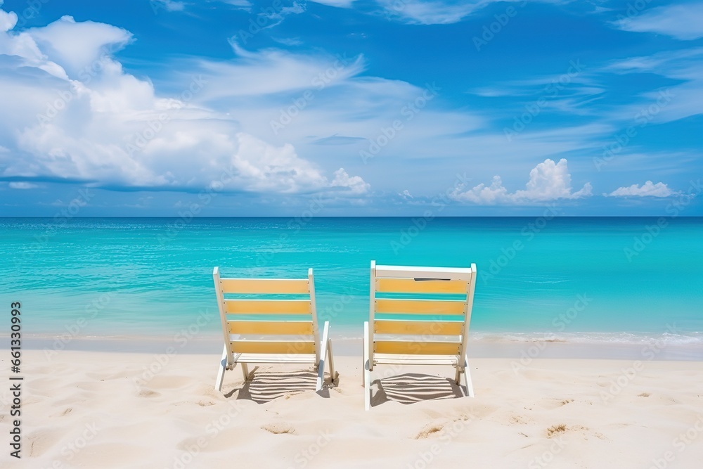 Two beach chairs on tropical vacation at sea