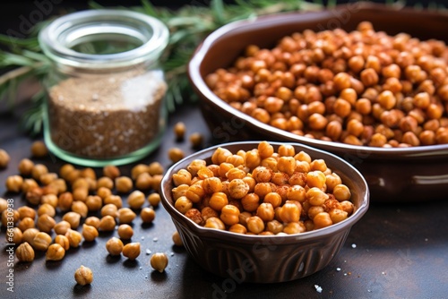 roasted chickpeas next to raw ones, contrast shot