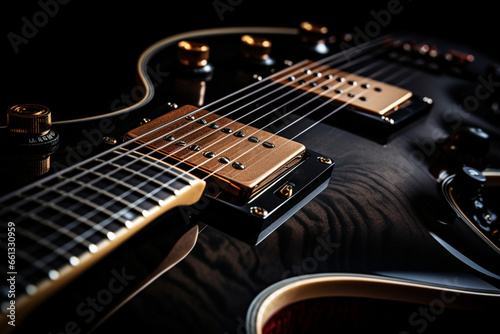 Close up of Electric guitar body and neck detail on black background photo