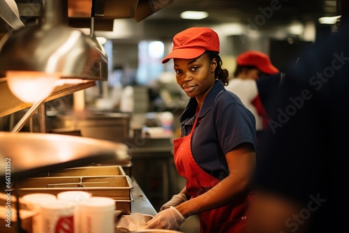 Minimum Wage Employee Works in a Fast Food Kitchen photo