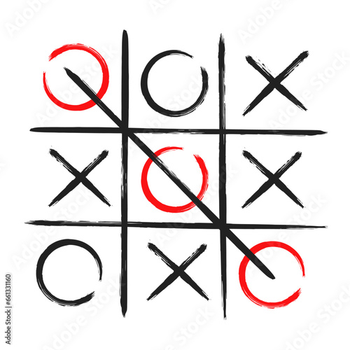 Tic tac toe xo game hand drawn grid doodle template vector illustration isolated on white background. Dirty grunge line tic tac toe game symbols.