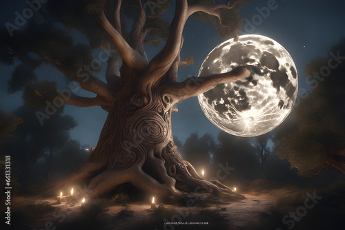 At night, the moon and trees look perfect and create a magical dream photo