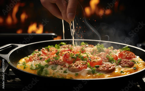 A chef sprinkling spices on a skillet of tomatoes and eggs