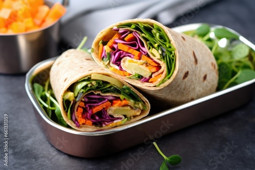 vegetarian wrap sandwich in a stainless steel lunchbox