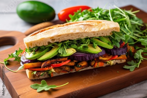 vegetarian sandwich with avocado and roasted veggies