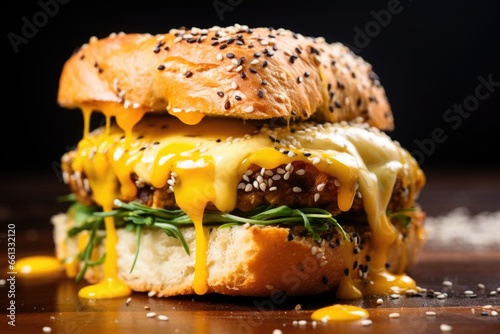 sandwich with drippy mustard on a crisply toasted bun