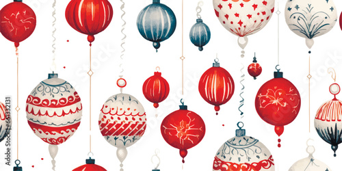 Christmas vintage watercolor seamless pattern on white with retro balls, vector holiday background in flat style for fabric, textile, wrapping paper, wallpaper