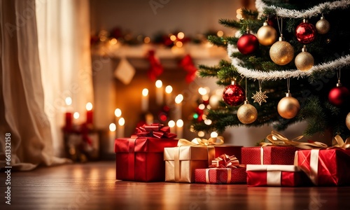 Holidays background with illuminated Christmas tree  gifts and decoration  Generative AI