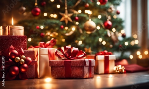 Holidays background with illuminated Christmas tree, gifts and decoration, Generative AI © Kishan