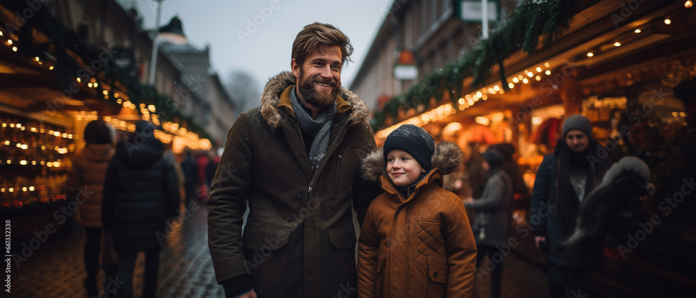 father with his grandaughter at a christmas market