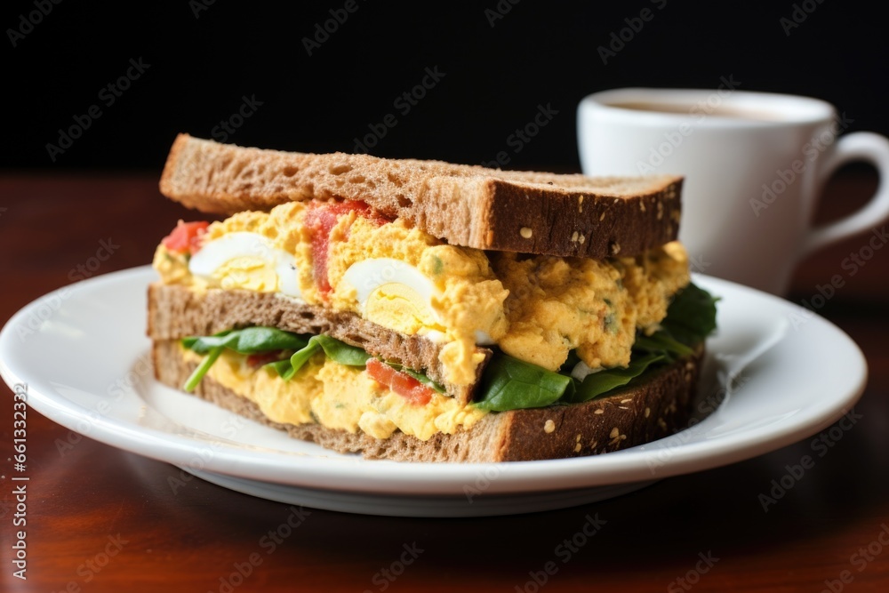 sandwich with overflowing spicy mayo, and egg salad