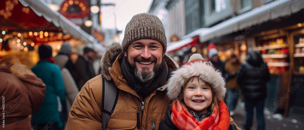 father with his grandaughter at a christmas market