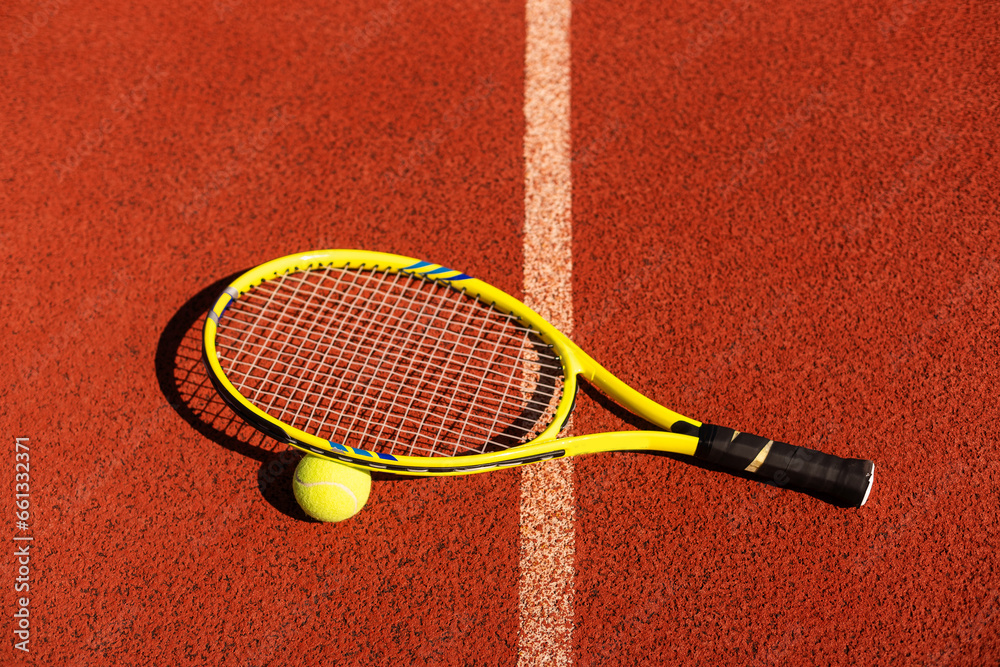 Balls and racket are lying on clay brown professional tennis court Close up of tennis balls and racket on dross at tennis court on the playground. Sport concept. Perspective up top view 