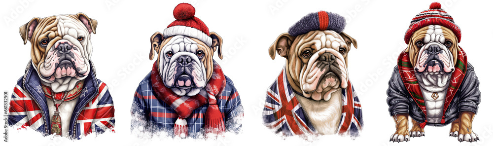 British Bulldog Wearing Funny Traditional Cute Christmas Costume, Christmas Theme cut out transparent isolated on white background ,PNG file ,artwork graphic design illustration.