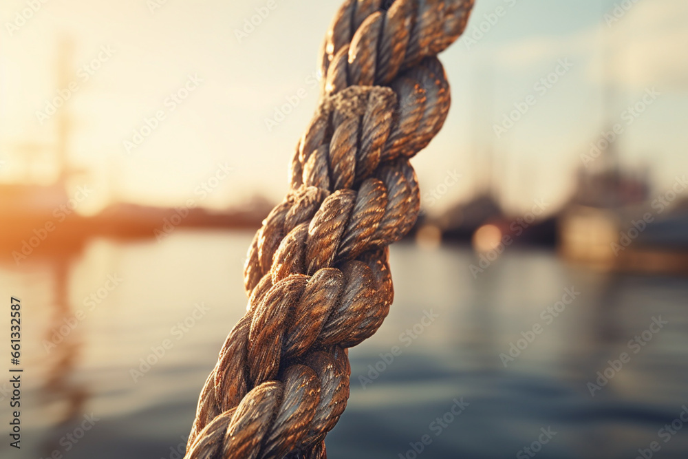 Close up of ship anchor rope on the harbor