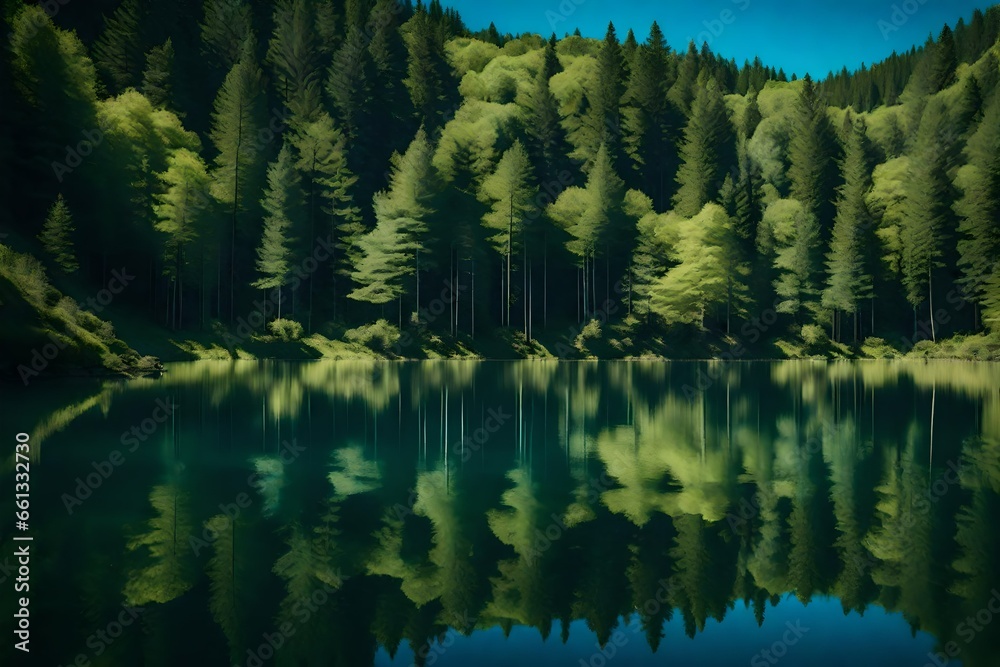 A serene mountain lake reflecting the clear blue sky, surrounded by lush green forests. A serene mountain lake reflecting the clear blue sky, surrounded by lush green forests.