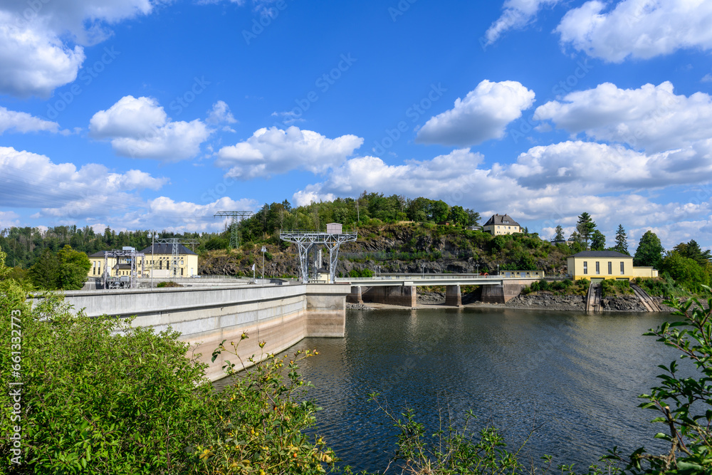 Bleiloch dam in summer at low water level, Thuringia, Germany