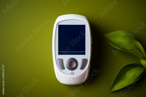 Continuous glucose monitor on human skin background with empty space for text 