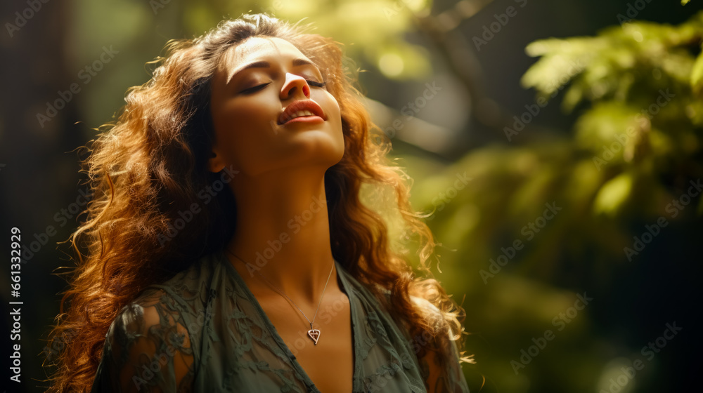 Naklejka premium Biohacker practicing breathwork technique outdoor background with empty space for text 