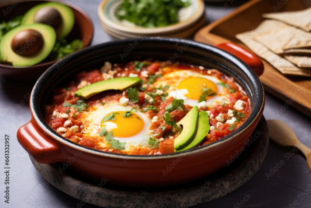 shakshuka with avocado slices on top in a grey clay dish