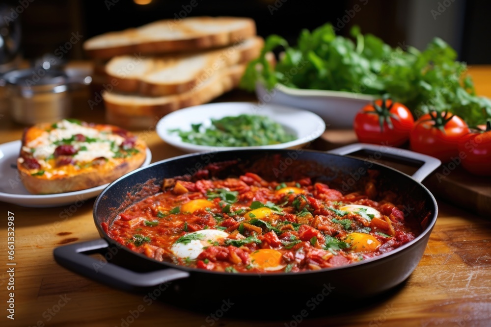 shakshuka with garlic bread on the side on a wooden kitchen island shakshuka with garlic bread on the side on a wooden kitchen island