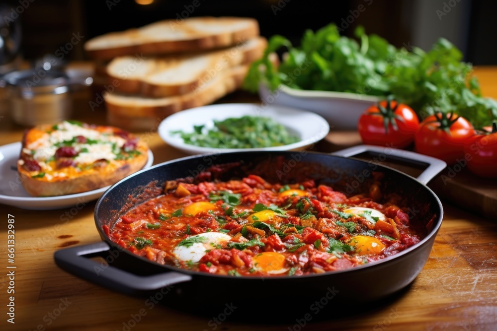 shakshuka with garlic bread on the side on a wooden kitchen island