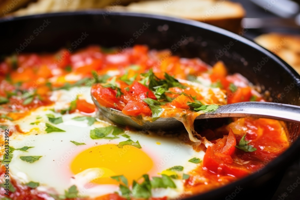 close-up shot of a spoon digging into the creamy yolk within a shakshuka dish