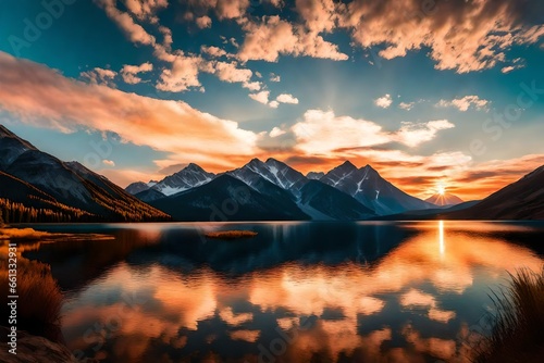 A breathtaking sunset over a pristine mountain lake, with vibrant colors reflecting on the calm water.