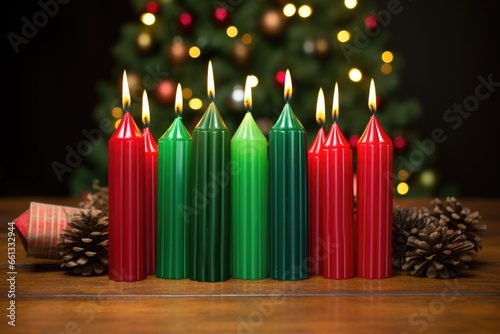 unlit kwanzaa candles arranged on a wooden table