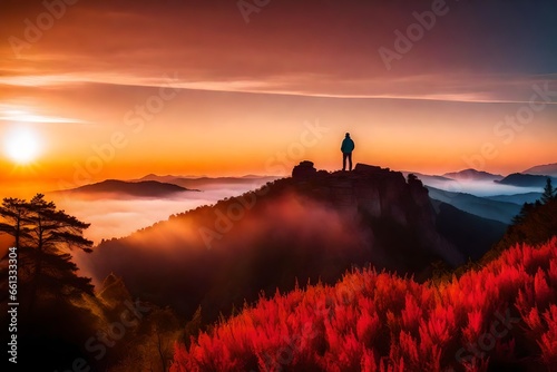 A Photograph of ethereal tranquility: A lone figure stands on a mist-covered mountain peak, surrounded by a vibrant tapestry of sunrise hues.