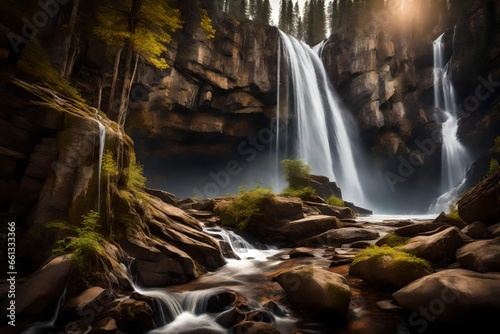 A majestic waterfall cascading down a rocky cliff in a remote  untouched wilderness.