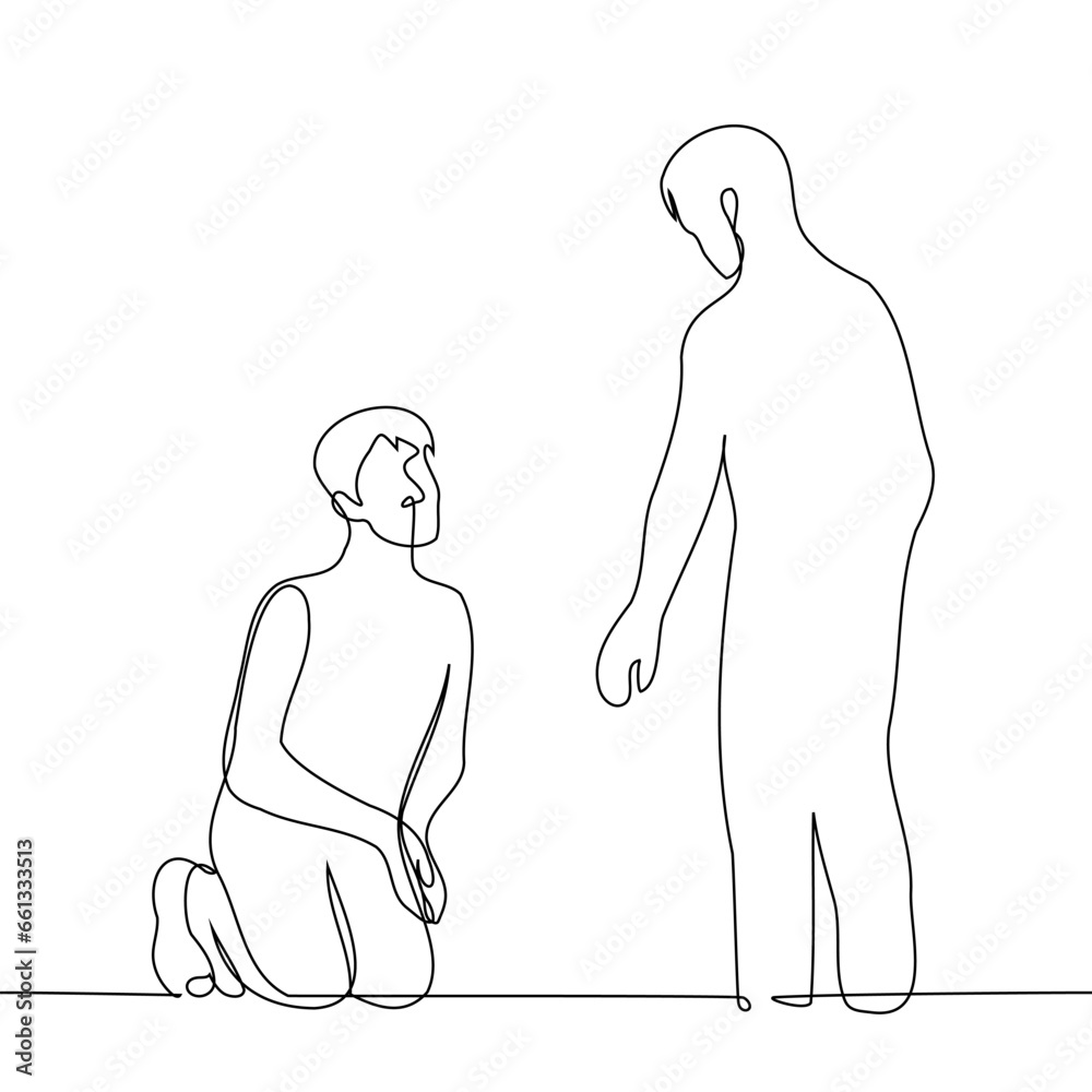 man sits on knees in front of standing man, palms folded together in ...